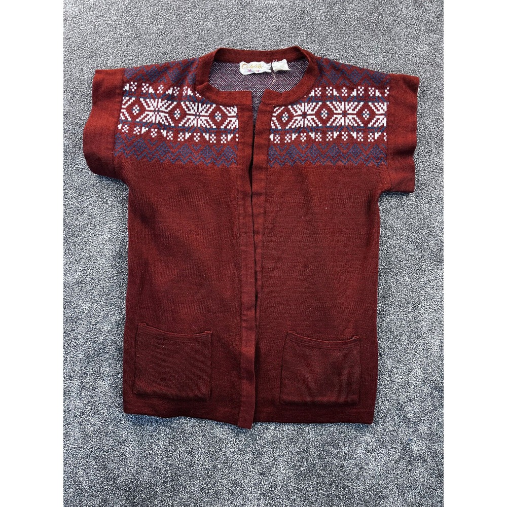 Catalina Jacquard Cardigan Womens M‎ Acrylic Short Sleeve Nordic Vintage Brown